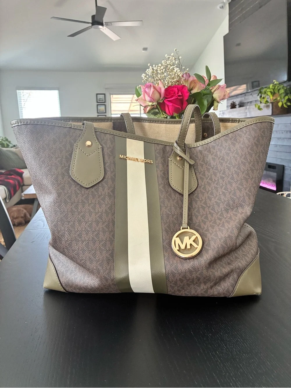 Michael Kors Olive & Brown Stripe Logo Tote